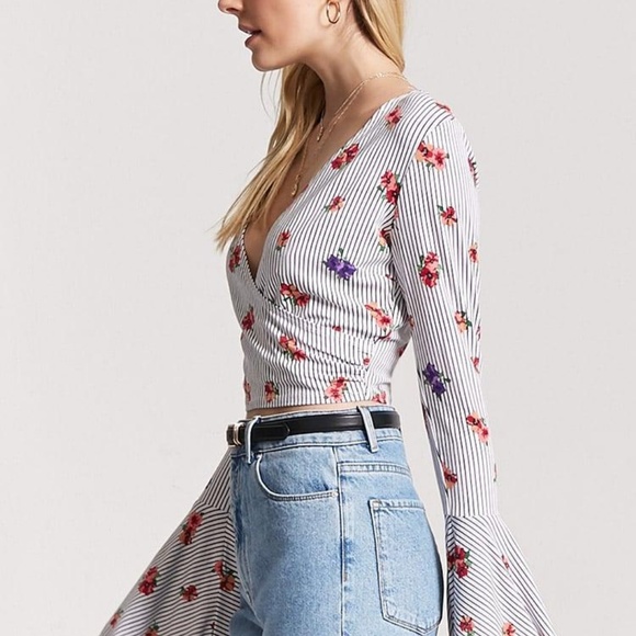 Floral Stripe Surplice Crop Top - Picture 2 of 4